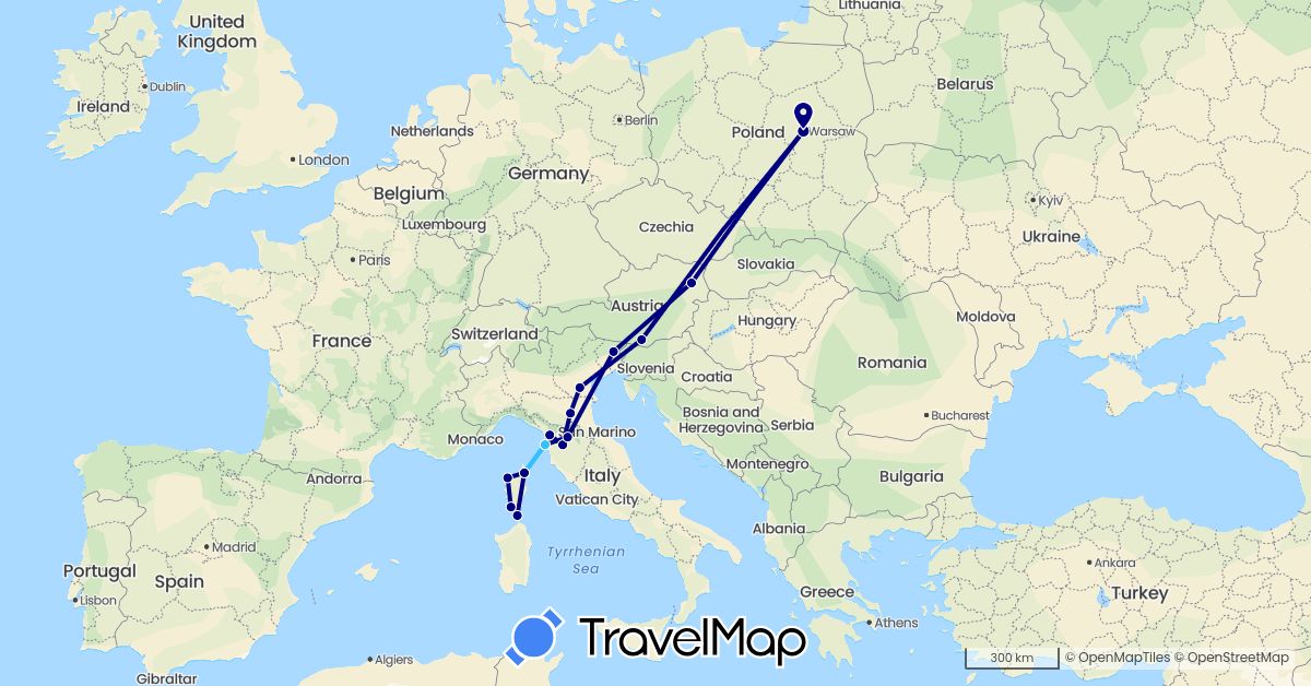 TravelMap itinerary: driving, boat in Austria, France, Italy, Poland (Europe)